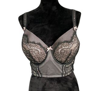 Cacique Black Lace Underwire Bra Mesh Balconette Intimate Wear 44DD